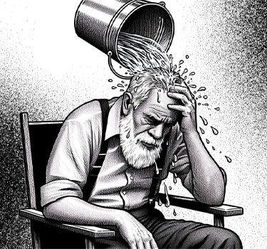 drawing of older man looking stressed with a buckket of water being pured on his head