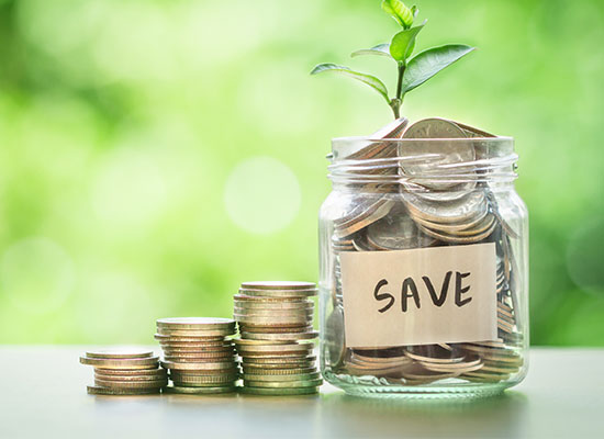 jar filled with coins and tree growing from it, with the word 'save' written on the side of the jar