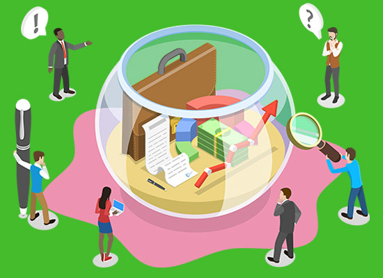 drawing of people looking into a giant fishbowl with several business assets inside