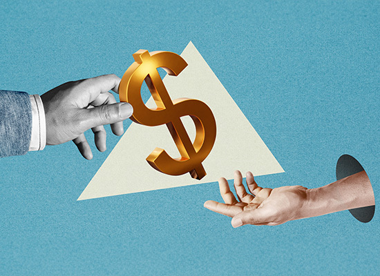 a hand handing a gold dollar sign to another hand