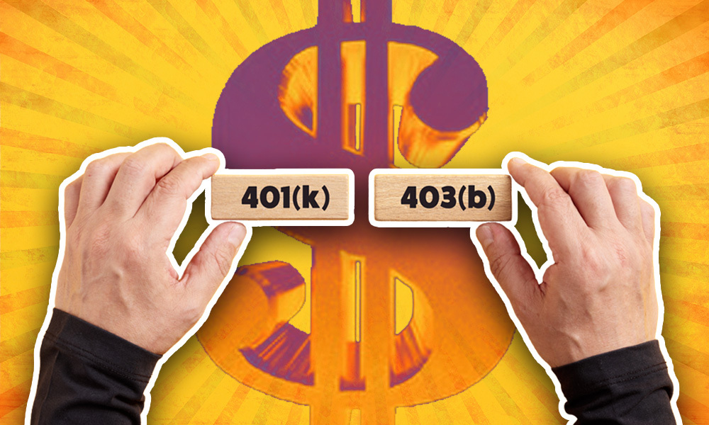 One hand holding a block labeled 401k and the other hand holding a block labeled 403b in comparison