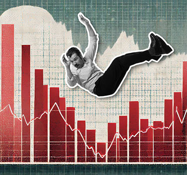 man falling backwards onto a stock market graph