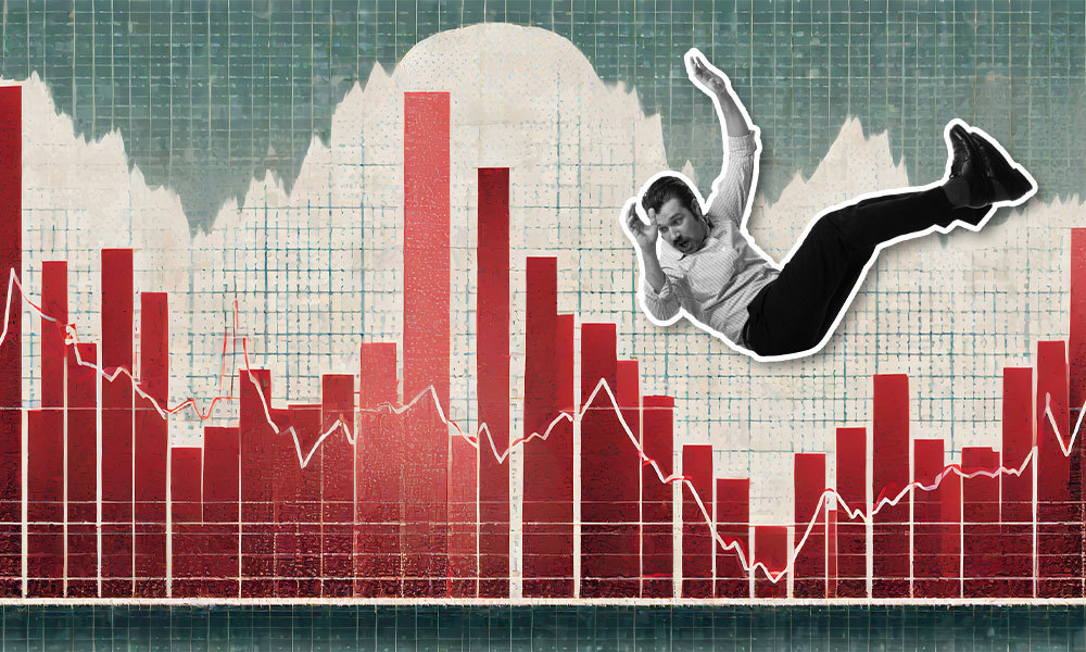 man falling backwards onto a stock market graph