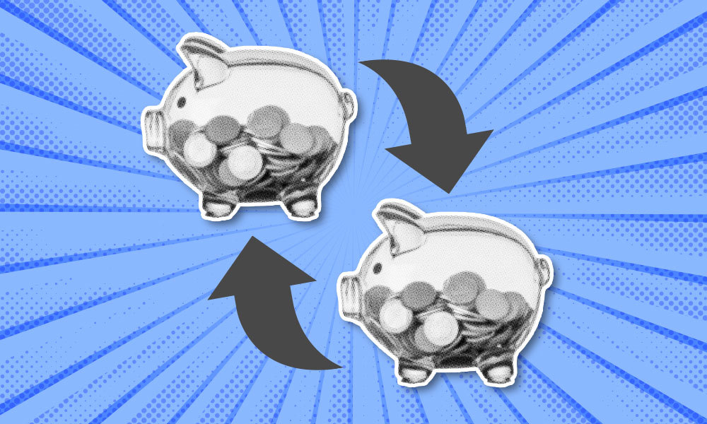 two piggy banks with arrows pointing to each other