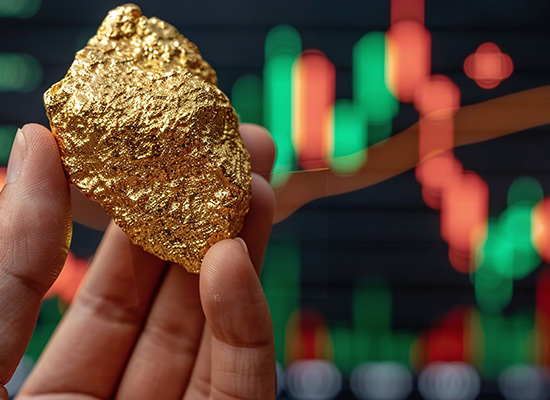 A hand holding a large gold nugget in front of a blurred stock market graph background, symbolizing investment in precious metals.