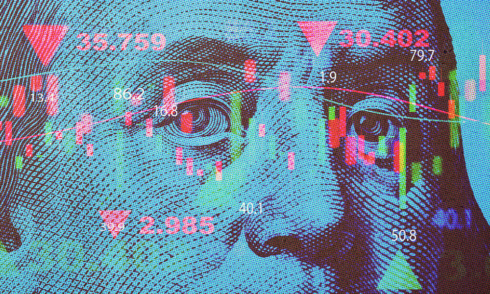 Close-up of a digitally altered face overlaid with vibrant, colorful stock market statistics and geometric shapes, emphasizing a theme of technology and data analysis.