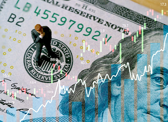 A miniature figure of a man contemplating on a us dollar bill with overlaid graphics of a stock market trend and key numerical data, symbolizing financial analysis.