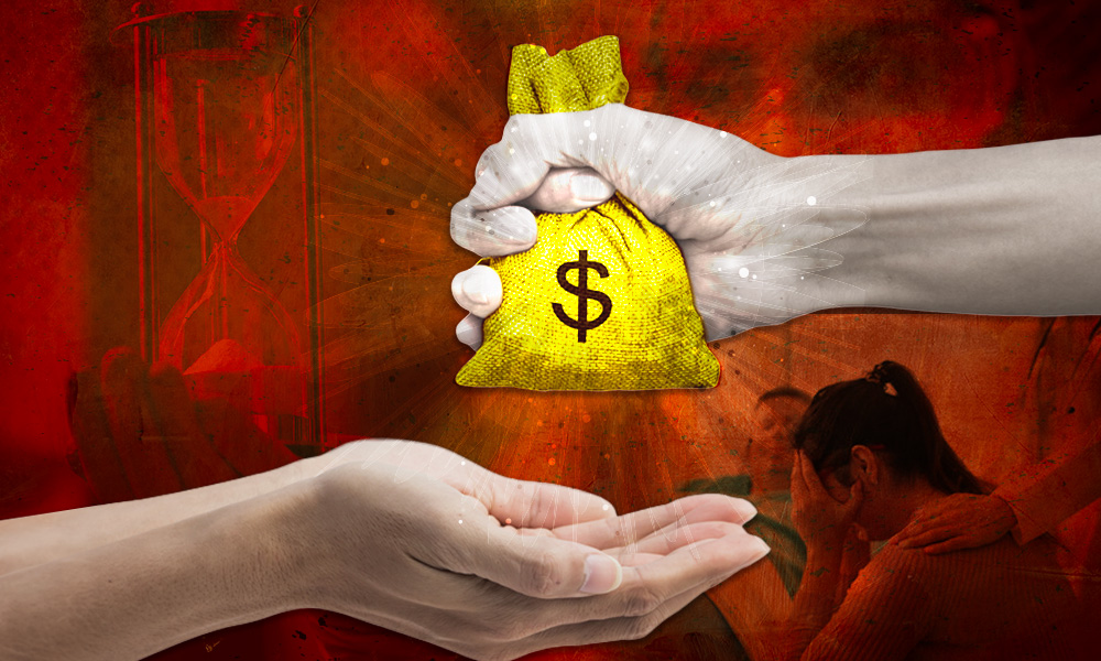 An evocative image showing hands exchanging a money bag over a distressed background with a silhouette of a grieving woman and a sand hourglass, symbolizing the emotional and temporal aspects of viatical settlements.