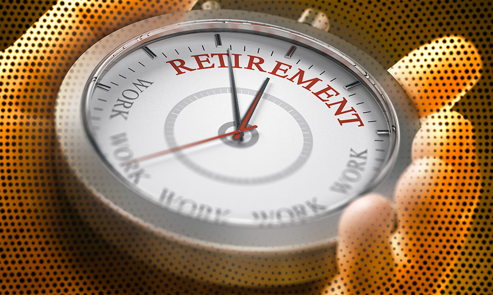 A close-up of a watch with its face marked from 'work' to 'retirement' instead of numbers, indicating time progression towards retirement planning, set against a colorful dotted background.