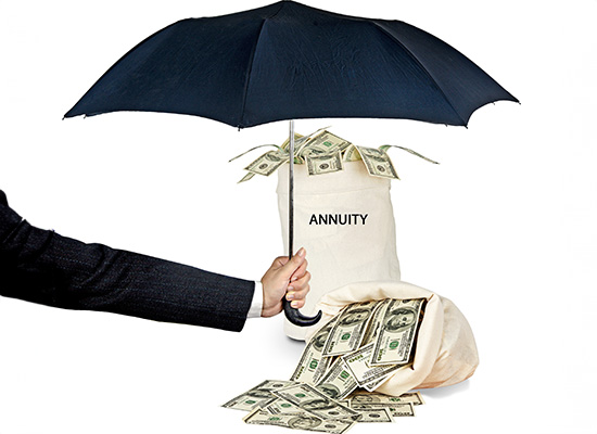 A person holds an umbrella over a bag labeled 'annuity' overflowing with money, symbolizing financial security and stable income for retirees through annuities.