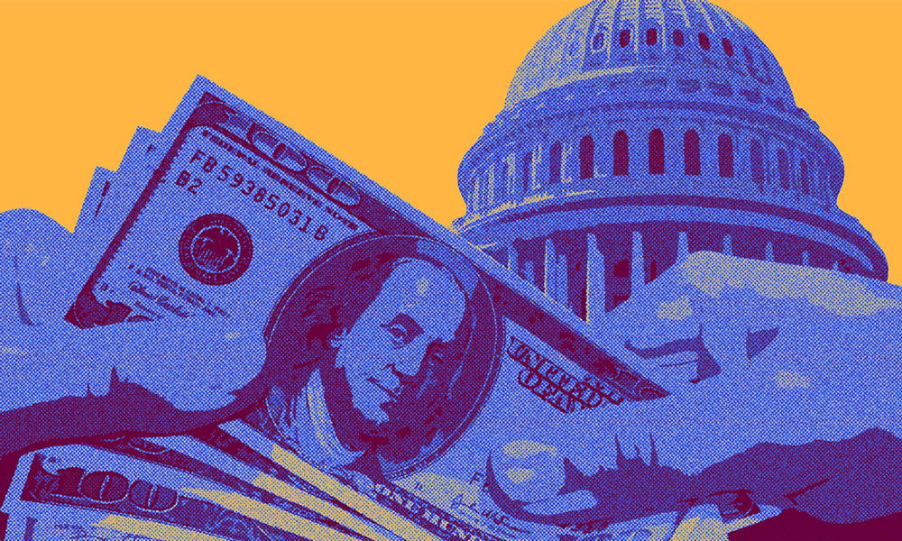 A stylized, colorful illustration shows hands holding multiple $100 bills in front of a prominent building with a large dome, suggesting the U.S. Capitol. The color scheme prominently features blue, purple, and yellow hues, highlighting themes of estate planning and the SECURE Act.