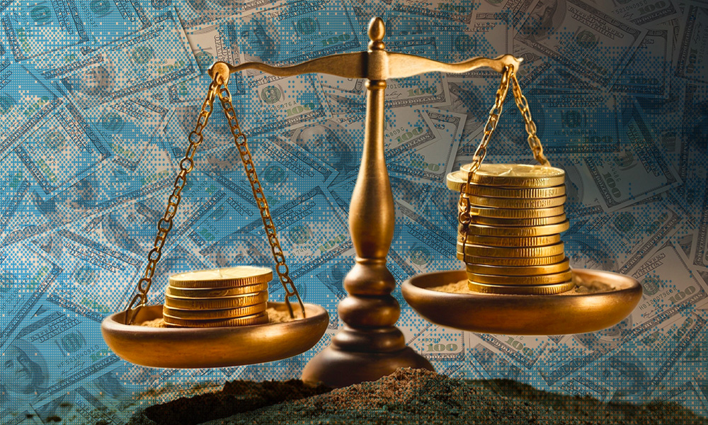 A set of balance scales with stacks of coins on each side, symbolizing the comparison between multi-year guaranteed annuities (MYGAs) and certificates of deposit (CDs) for retirement savings.