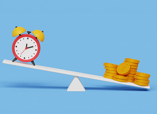 A seesaw balancing a clock on one side and a stack of coins on the other, representing the relationship between time and money in investment growth and annuity payout options.