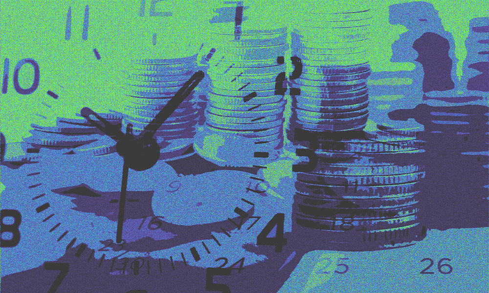 A blue and green abstract digital art featuring an overlay of a clock face with black hands and numerals, and stacks of coins