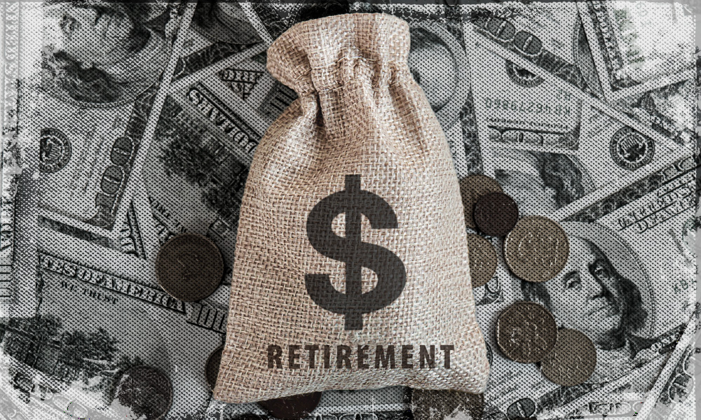 The image depicts a burlap sack with a dollar sign on it, labeled 'Retirement', surrounded by U.S. dollar bills and coins
