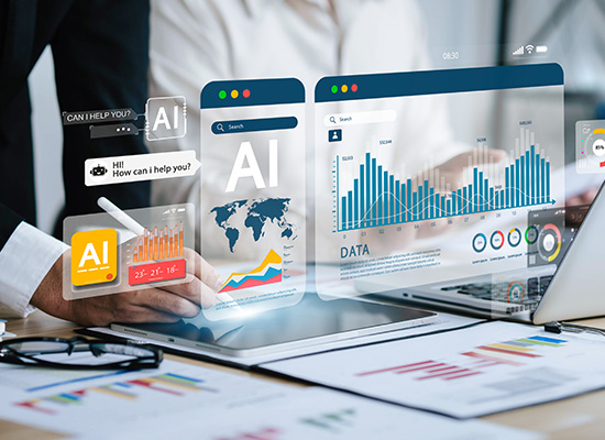A workspace with a laptop, charts, and AI-related icons, suggesting the role of technology and data analysis in financial planning