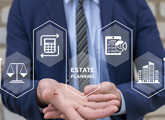 A person in a suit holding their hands out, with icons representing estate planning services like financial management, legal advice, and real estate