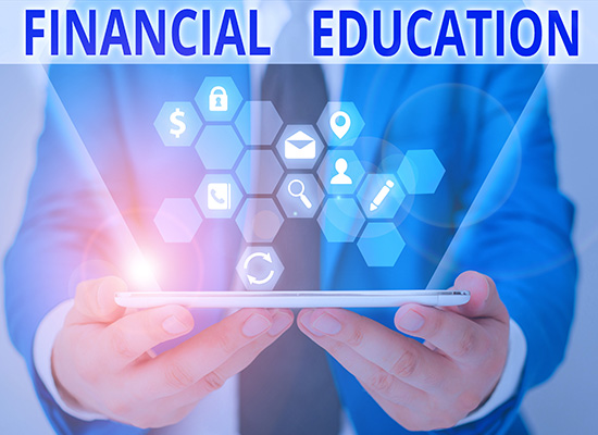 A person holds a tablet displaying 'FINANCIAL EDUCATION' with icons representing various financial concepts, illustrating digital financial literacy.