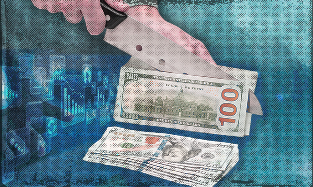 A hand holding a knife cuts through stacks of $100 bills against a background of financial graphs, symbolizing how banks and insurance companies manage and allocate customers' money.