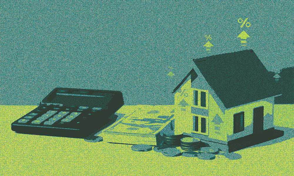An illustration features a calculator, a stack of cash, coins, and a small house model. Arrows with percentage symbols around the house suggest changes in mortgage rates or property value, emphasizing financial planning. The color scheme is primarily yellow and green.
