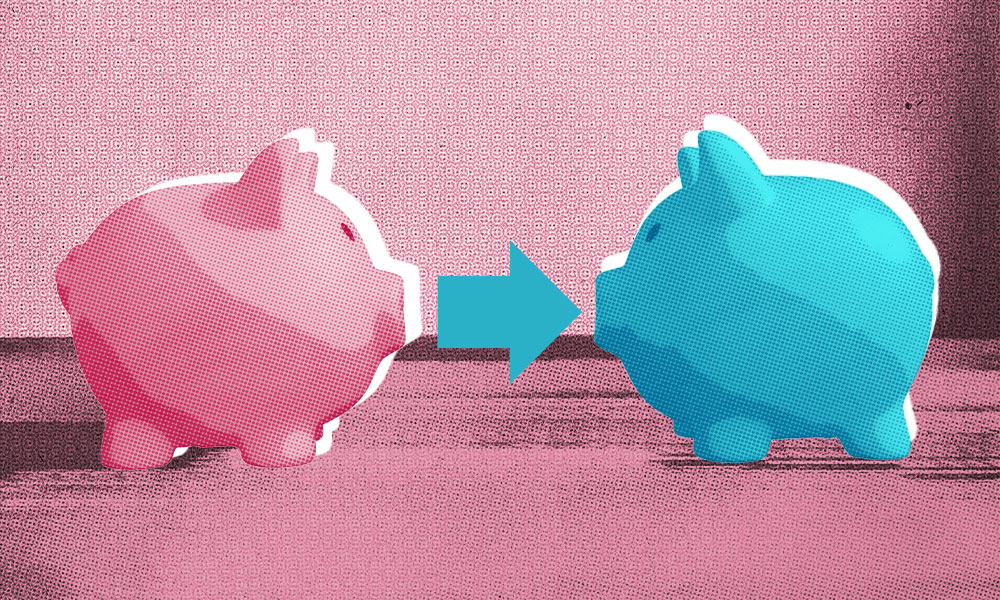 An illustration of two piggy banks: a pink one on the left and a blue one on the right. A blue arrow pointing from the pink piggy bank to the blue one suggests the transfer or movement of funds, much like a Roth IRA conversion. The background is a textured, gradient pink.