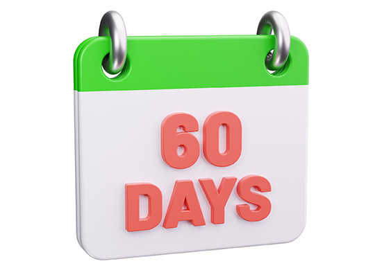 A calendar page showing "60 DAYS" in red text against a white background with a green header.