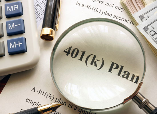 A magnifying glass highlights the text '401(k) Plan' on a document, accompanied by a calculator, pen, and dollar bills.