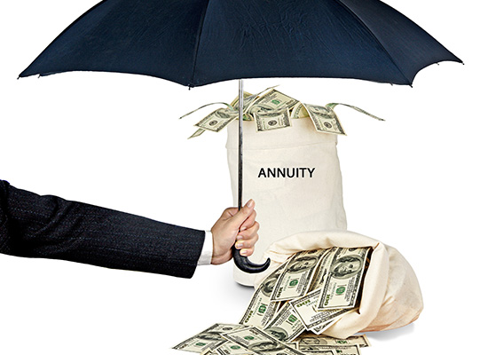A protective umbrella shields an 'Annuity' bag overflowing with cash, symbolizing how annuities safeguard retirement savings from financial shocks.