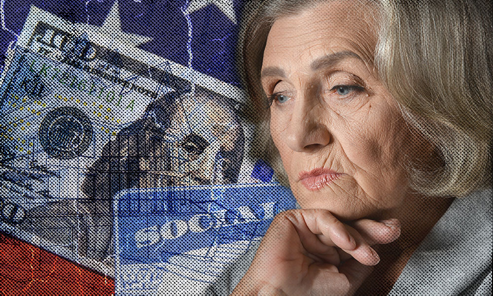 A concerned elderly woman is overlaid with images of a Social Security card, U.S. currency, and a distressed American flag