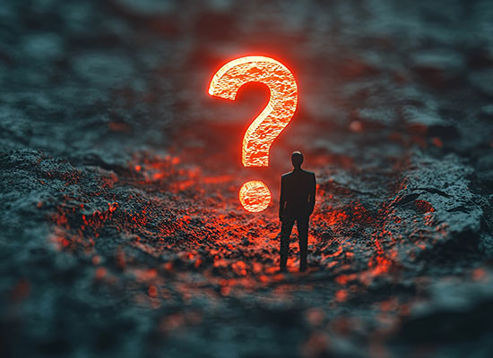 A silhouetted figure stands before a glowing red question mark, symbolizing uncertainty about financial preparedness and retirement challenges.