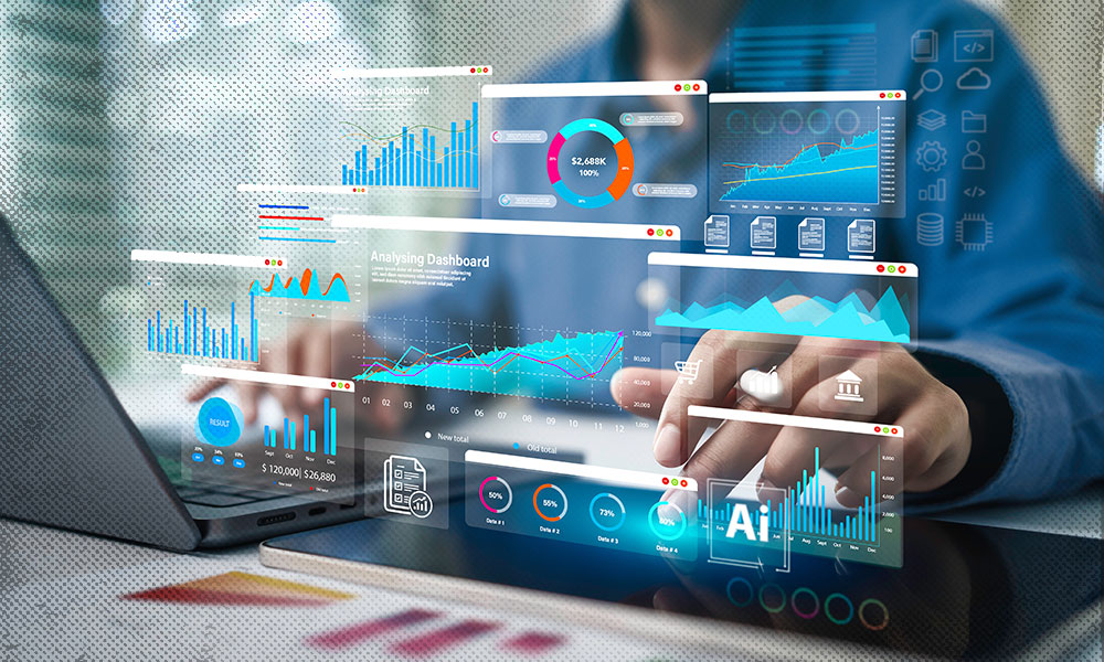 A person using a laptop with futuristic financial dashboards and data analytics