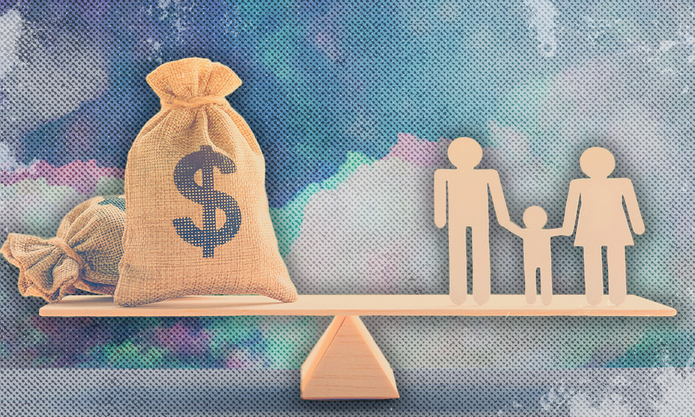A seesaw balances a money bag with a dollar sign against wooden figures representing a family, symbolizing the challenge of managing finances and family responsibilities.
