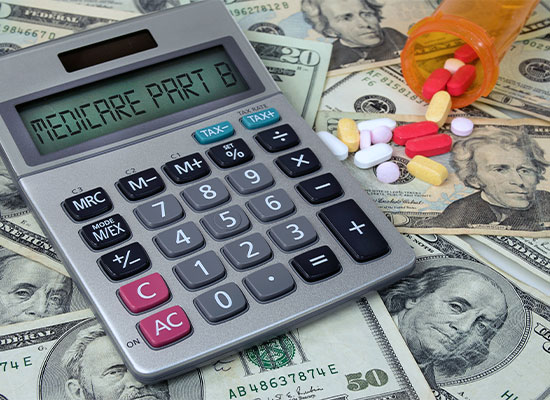 a picture of a spilt over pill bottle and a calculator with the input of Medicare part b both sitting ontop a pile of cash