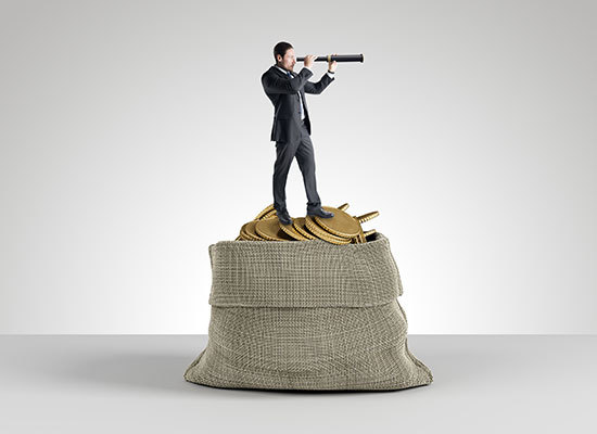 person on top of back of coins looking through telescope
