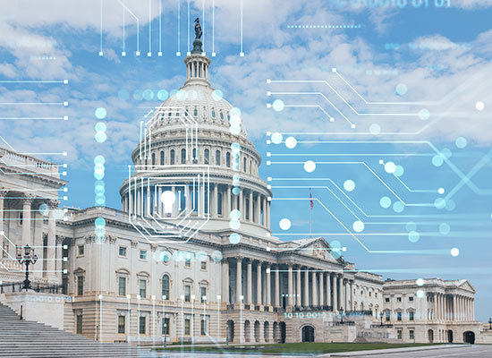 Government building with a digital circuit imprint on top of the image