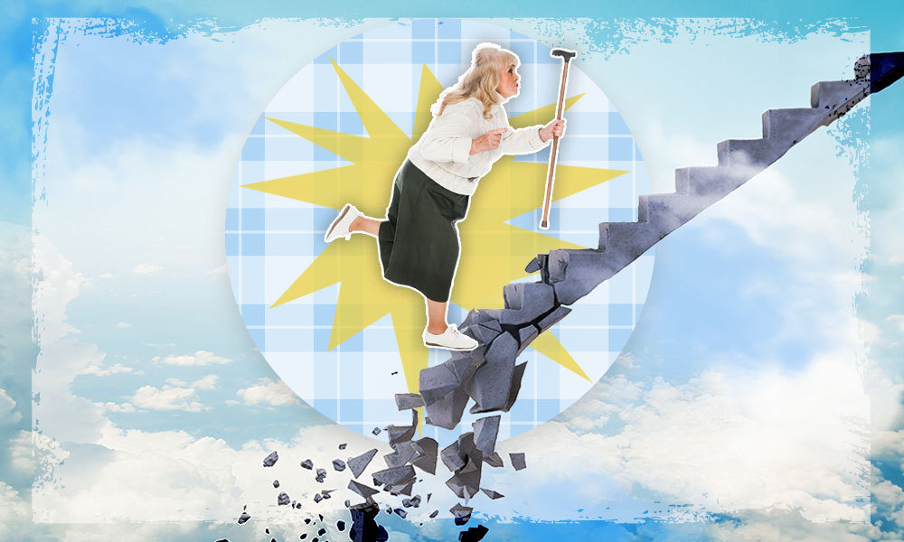 person climbing stairs as the fall behind her