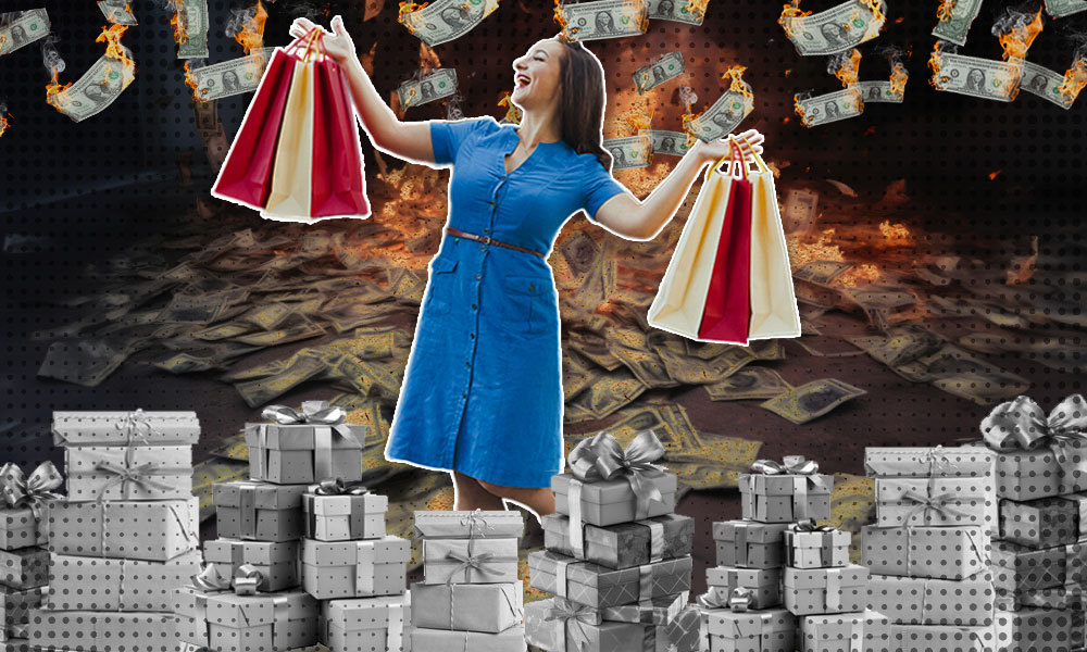 older lady spending lots of money on unnecessary items