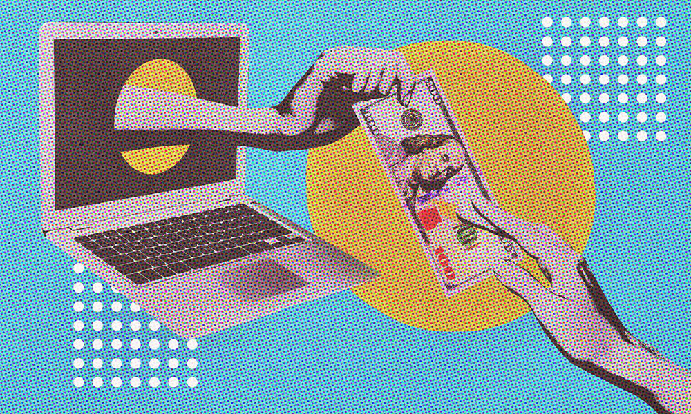 An illustration depicting a hand reaching out from a laptop screen to hand a $20 bill to another hand holding a vinyl record