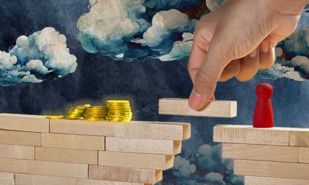 A giant hand carefully placing a wooden block to bridge a gap, symbolizing strategic steps in bridging financial solutions and overcoming economic challenges.