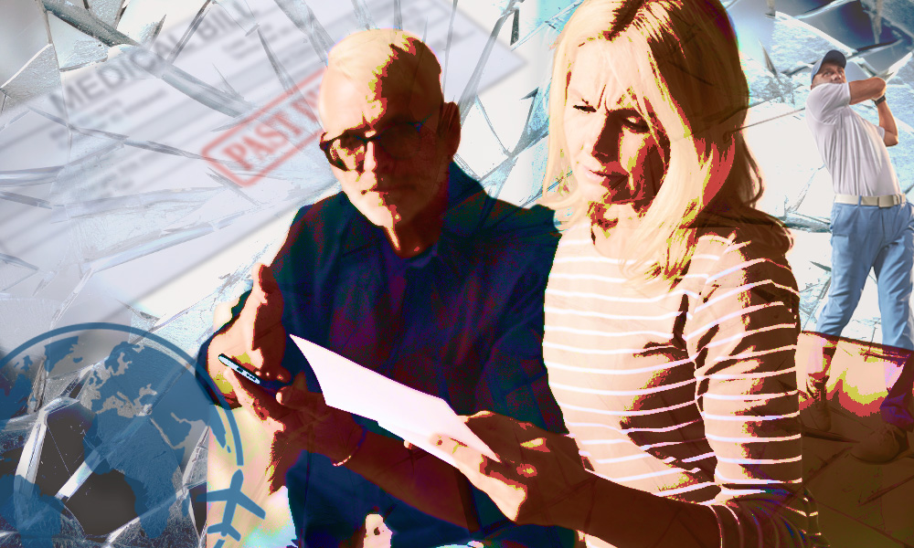 A man and a woman, are focused on reading a financial statement together with abstract and chaotic imagery, including shattered glass, a medical bill, a travel icon, and a golf player in the background.