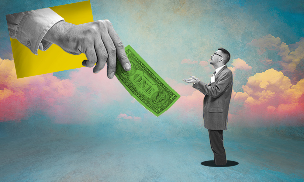 A large hand emerges from a yellow square in the sky, offering a dollar bill to a small man in a suit who is looking up expectantly, set against a whimsical, cloud-filled background—a metaphor for the dilemma of parents financially supporting adult children.