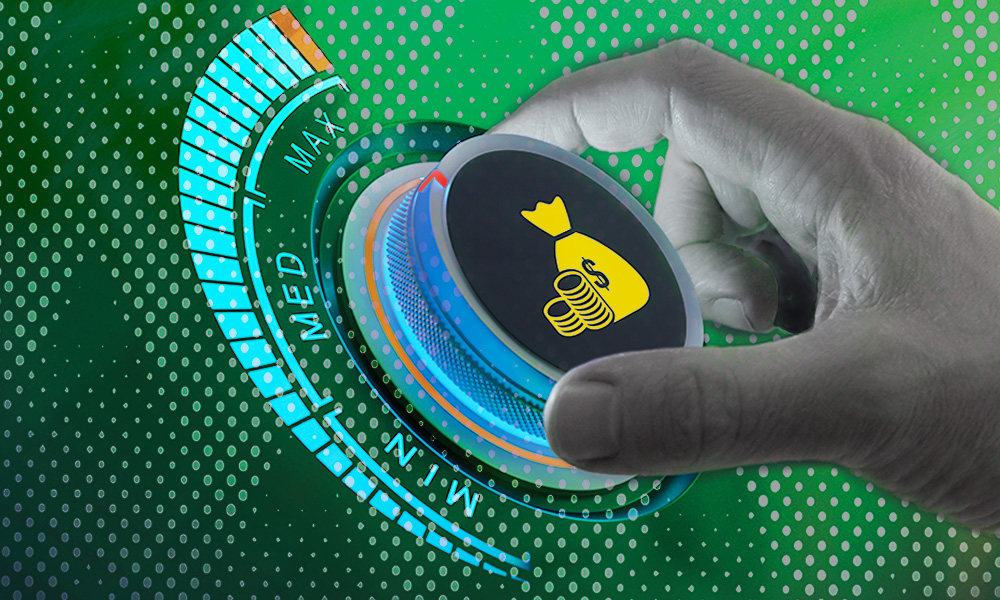 A hand adjusts a dial labeled with financial savings symbols, metaphorically turning up the efficiency to maximize retirement savings.