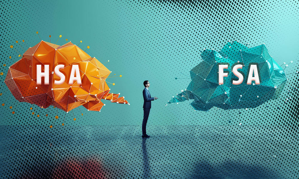 A person standing between two abstract speech bubbles labeled 'HSA' and 'FSA,' representing the comparison between Health Savings Accounts and Flexible Spending Accounts.