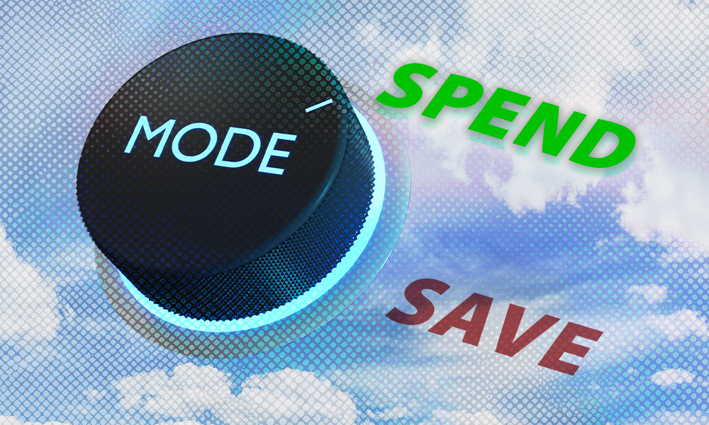 A dial labeled 'MODE' is positioned between 'SPEND' and 'SAVE', symbolizing the balance between expenses and savings in retirement financial planning.