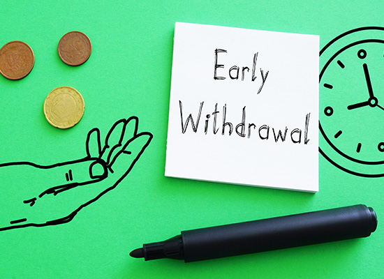 A green background with a notepad labeled 'Early Withdrawal,' coins, a clock, and a drawn-out hand, illustrating the concept of early IRA withdrawal
