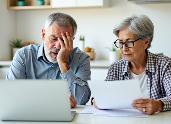 A worried senior couple reviews documents and a laptop, illustrating financial strain, Medicare planning, and out-of-pocket expenses for long-term care.