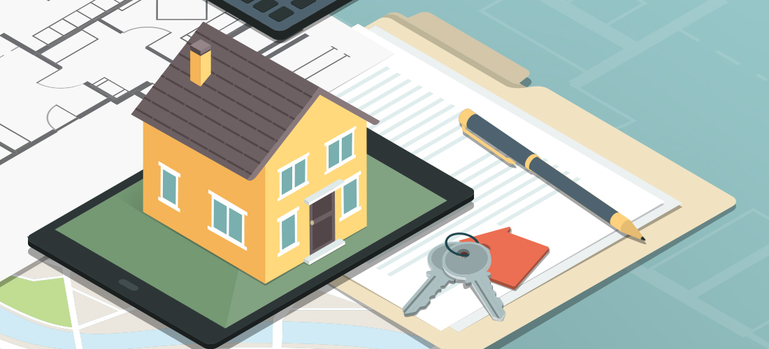 keys, documents and a model of a house sitting on a financial advisors desk.