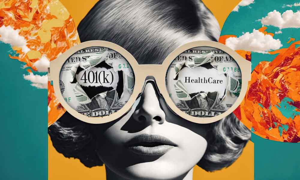 Lady with sunglasses seeing money, 401k, and Healthcare