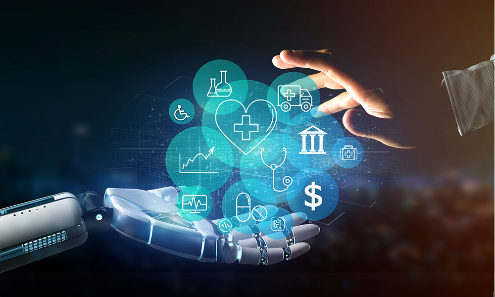 Human hand selecting digital resources from AI hand