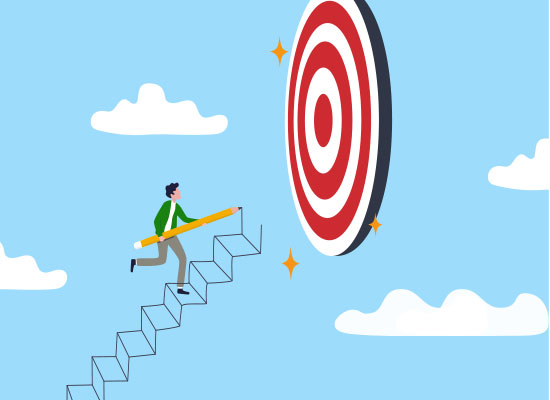 person drawing stairs to reach a bullseye